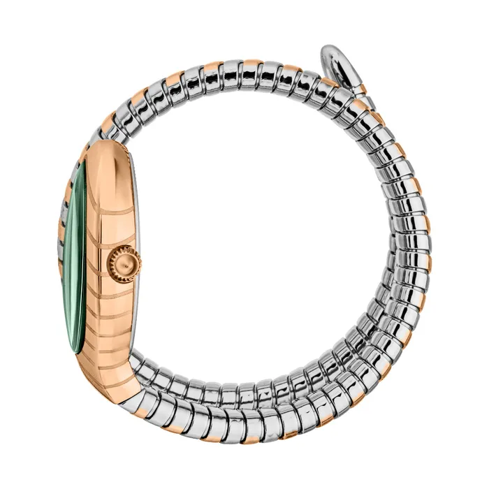 Bracelets Just Cavalli Snake Shape Womens Watch Rose Gold Color Case Dark Green Dial Two Tone Silver Rose Gold Color Bracelet Just Cavalli