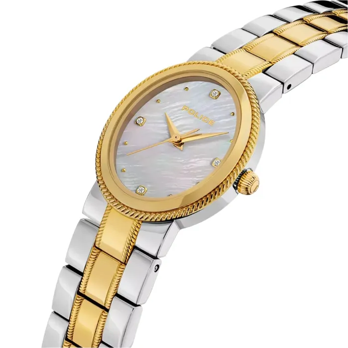 Bracelets Police Police Urban Ladies White MotherofPearl Dial and Silver Gold Stainless Steel Bracelet Watch