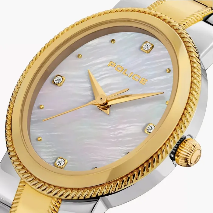Bracelets Police Police Urban Ladies White MotherofPearl Dial and Silver Gold Stainless Steel Bracelet Watch