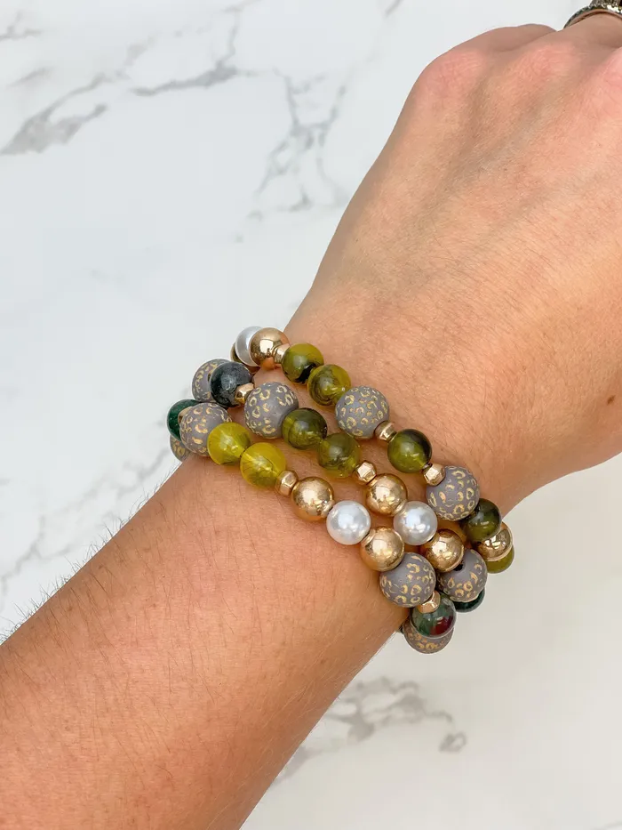Bracelets Prep Obsessed JJ Tortoise Stone Gold Beaded Stretch Bracelet Set