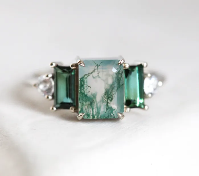 Capucinne Rings Victoria Emerald Cut Moss Agate Ring With Accent Stones