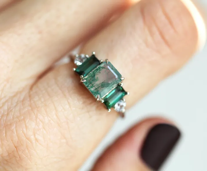 Capucinne Rings Victoria Emerald Cut Moss Agate Ring With Accent Stones