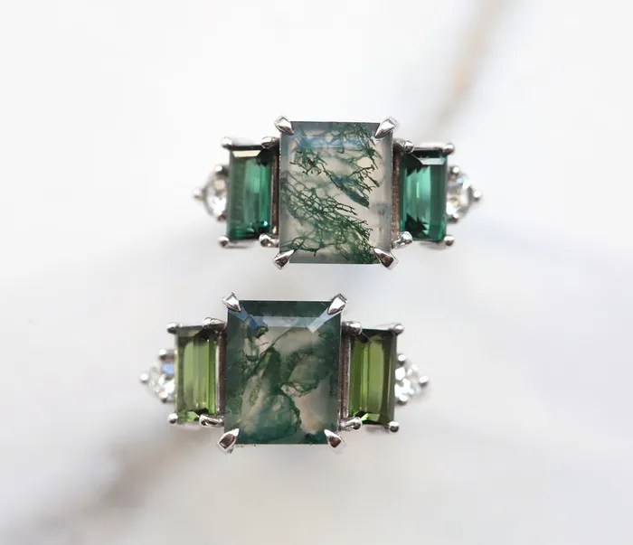 Capucinne Rings Victoria Emerald Cut Moss Agate Ring With Accent Stones