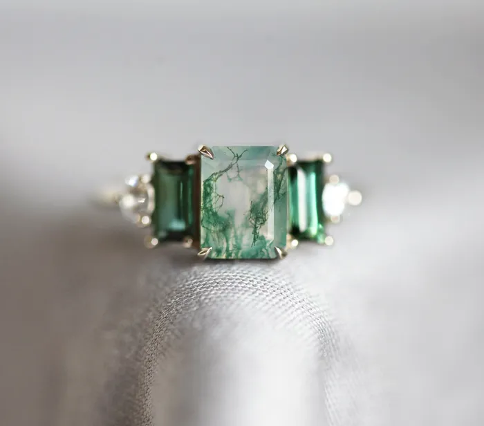 Capucinne Rings Victoria Emerald Cut Moss Agate Ring With Accent Stones