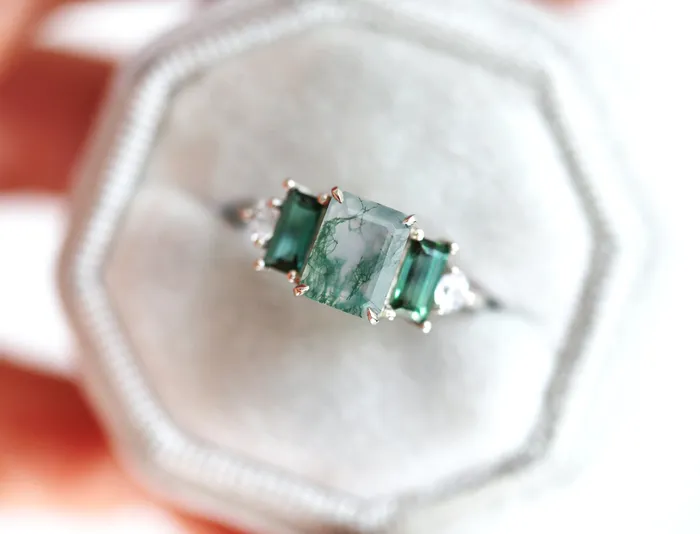 Capucinne Rings Victoria Emerald Cut Moss Agate Ring With Accent Stones