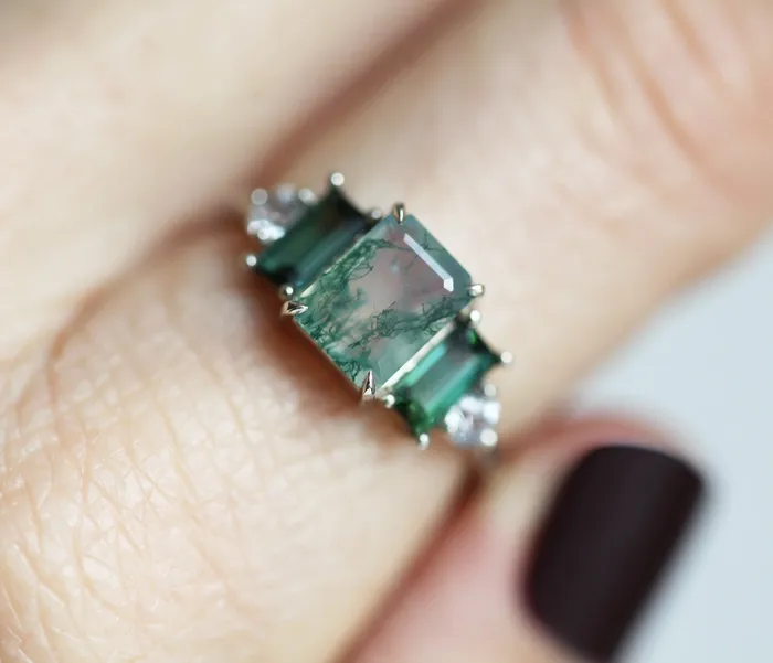 Capucinne Rings Victoria Emerald Cut Moss Agate Ring With Accent Stones
