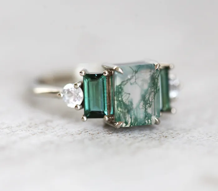 Capucinne Rings Victoria Emerald Cut Moss Agate Ring With Accent Stones
