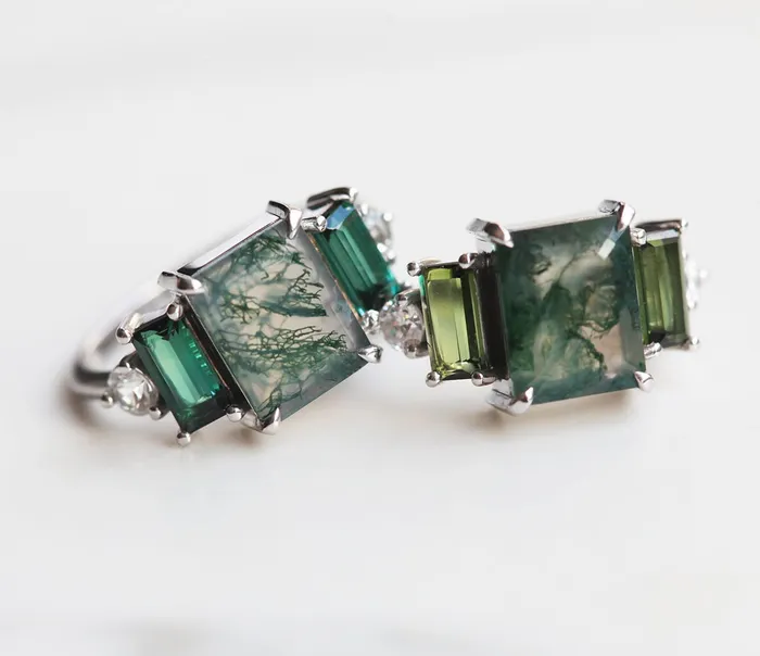 Capucinne Rings Victoria Emerald Cut Moss Agate Ring With Accent Stones