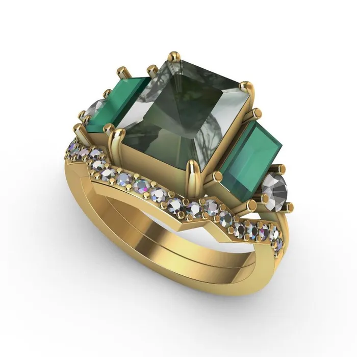 Capucinne Rings Victoria Emerald Cut Moss Agate Ring With Accent Stones