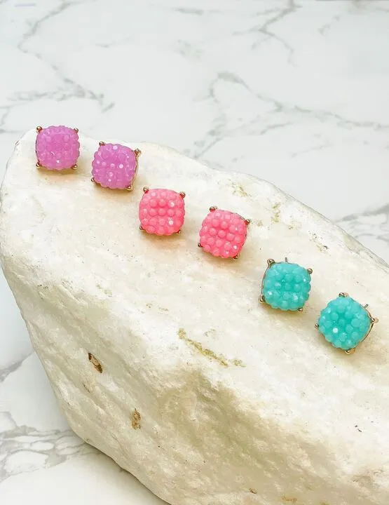 Cushion Embossed Stud Earrings Purple Prep Obsessed RNK Earrings