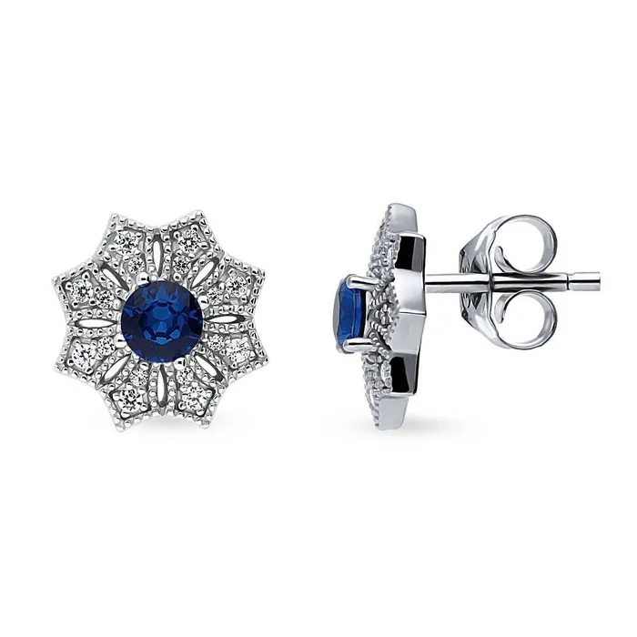 Earrings BERRICLE Halo Flower Blue CZ Stud Earrings in Sterling Silver