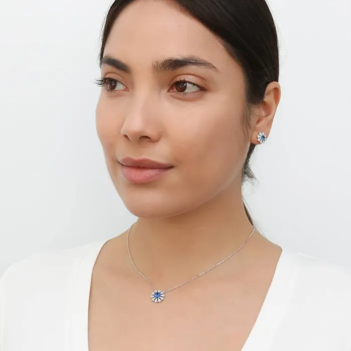 Earrings BERRICLE Halo Flower Blue CZ Stud Earrings in Sterling Silver