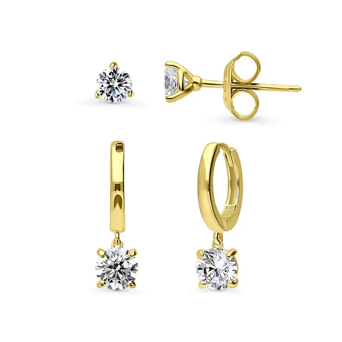 Earrings BERRICLE Solitaire CZ 2 Pairs Earrings Set in Gold Flashed Sterling Silver Earrings BERRICLE Solitaire CZ 2 Pairs Earrings Set in Gold Flashed Sterling Silver