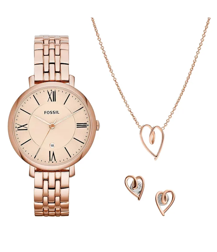 Earrings Fossil Fossil Jacqueline ThreeHand Date Rose GoldTone Stainless Steel Watch and Jewelry Set