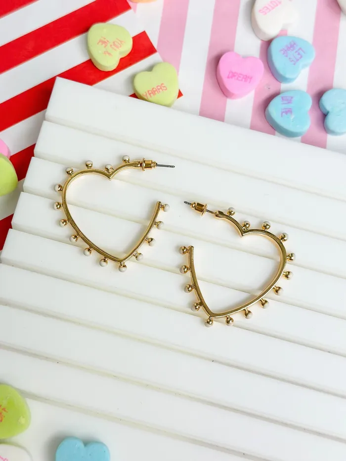 Earrings Prep Obsessed ESS Studded Gold Heart Hoop Earrings Ivory