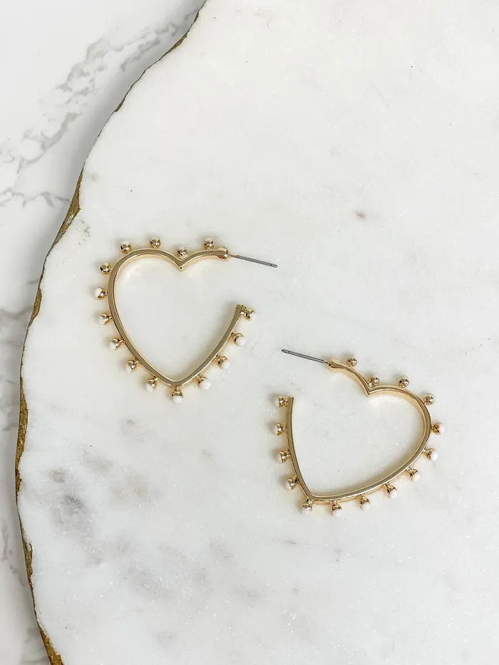 Earrings Prep Obsessed ESS Studded Gold Heart Hoop Earrings Ivory