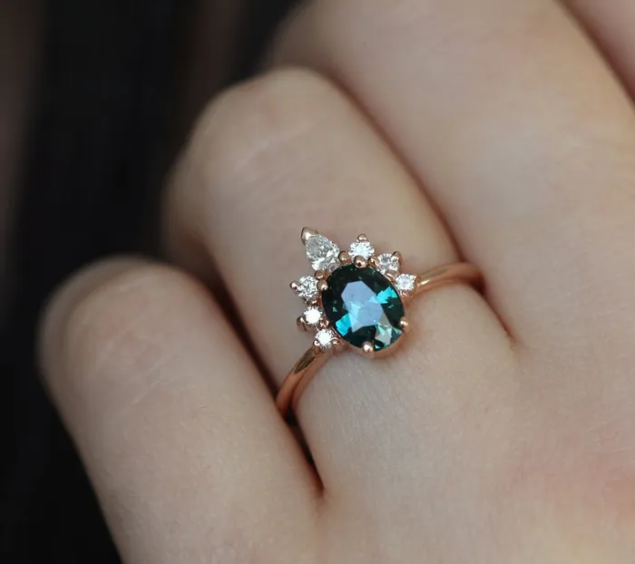 Electra Teal Sapphire Diamond Ring Capucinne Rings
