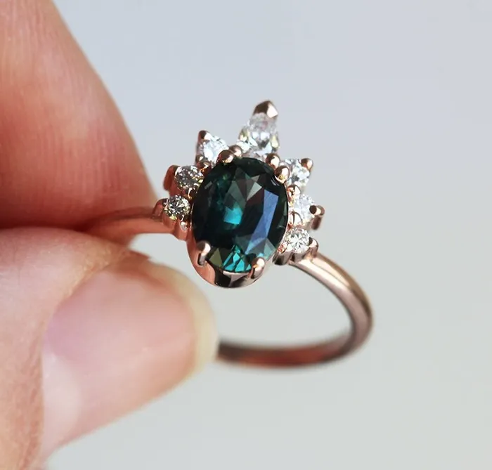Electra Teal Sapphire Diamond Ring Capucinne Rings