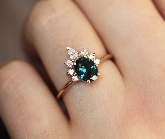 Electra Teal Sapphire Diamond Ring Capucinne Rings
