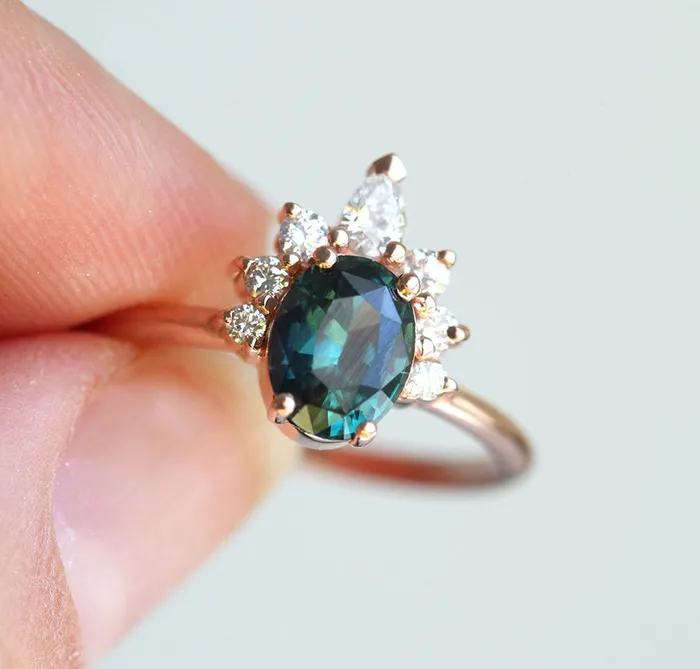 Electra Teal Sapphire Diamond Ring Capucinne Rings
