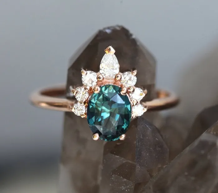 Electra Teal Sapphire Diamond Ring Capucinne Rings