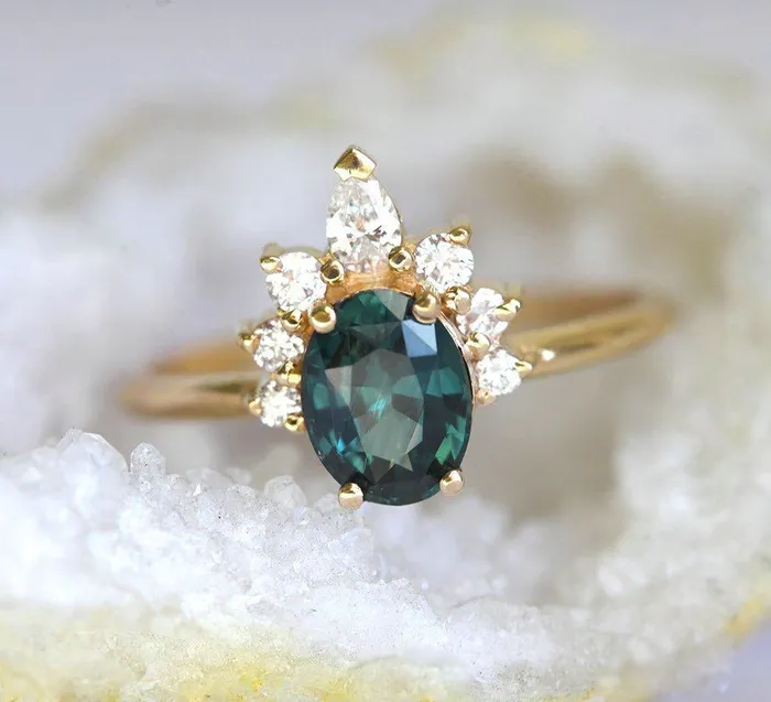 Electra Teal Sapphire Diamond Ring Capucinne Rings