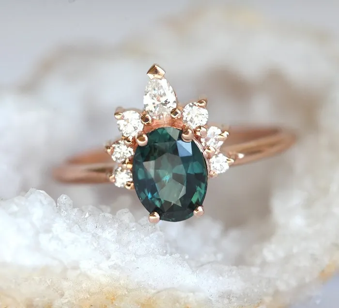 Electra Teal Sapphire Diamond Ring Capucinne Rings