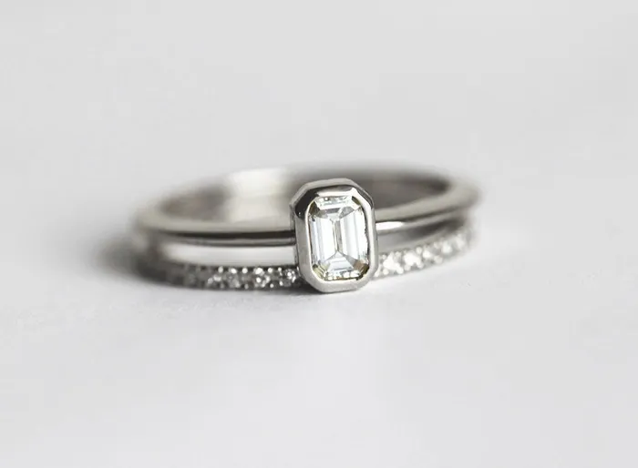 EmeraldCut Diamond Ring Set With Pave Diamond Eternity Band Capucinne Rings