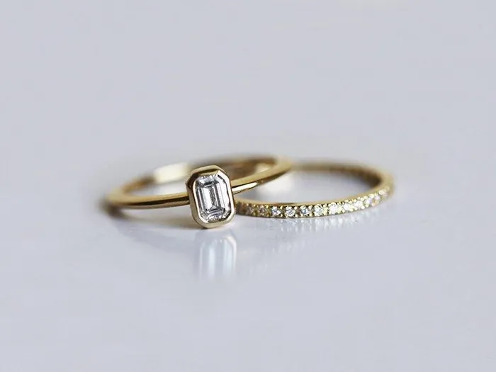 EmeraldCut Diamond Ring Set With Pave Diamond Eternity Band Capucinne Rings