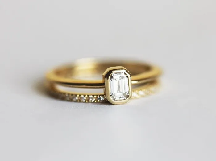 EmeraldCut Diamond Ring Set With Pave Diamond Eternity Band Capucinne Rings