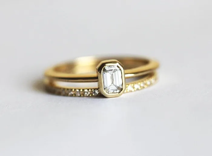 EmeraldCut Diamond Ring Set With Pave Diamond Eternity Band Capucinne Rings