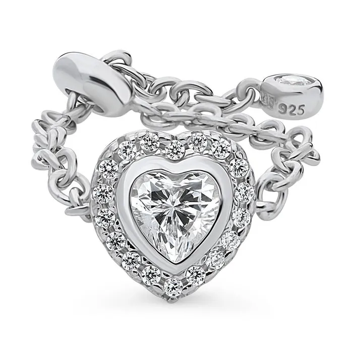 Halo Heart CZ Chain Ring in Sterling Silver BERRICLE Rings