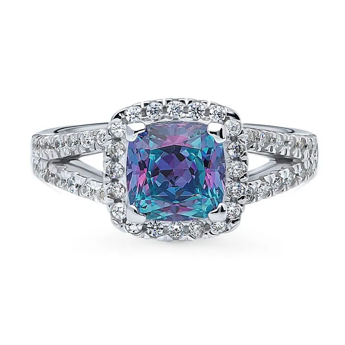 Halo Purple Aqua Cushion CZ Split Shank Ring in Sterling Silver BERRICLE Rings