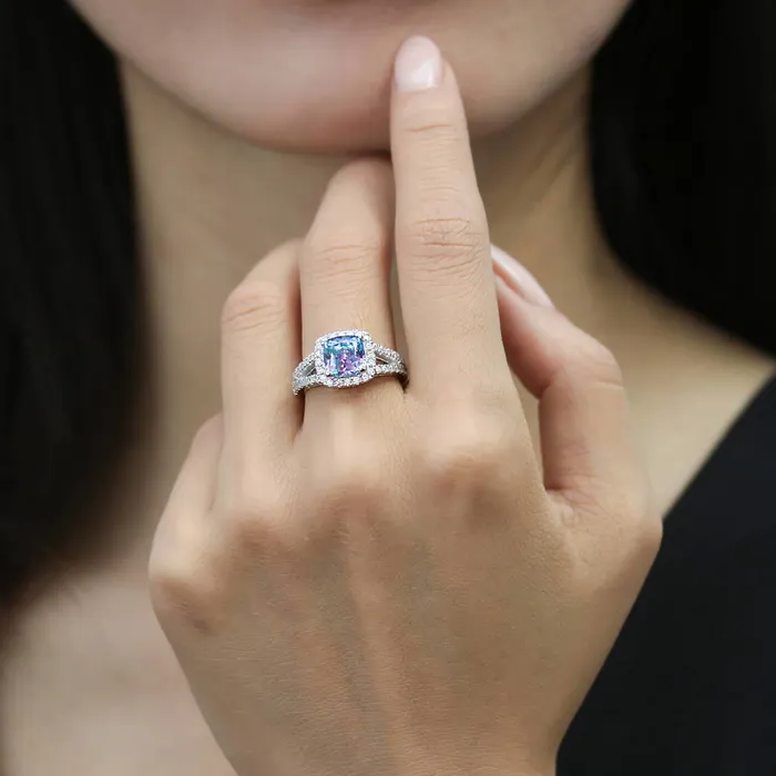 Halo Purple Aqua Cushion CZ Split Shank Ring in Sterling Silver BERRICLE Rings