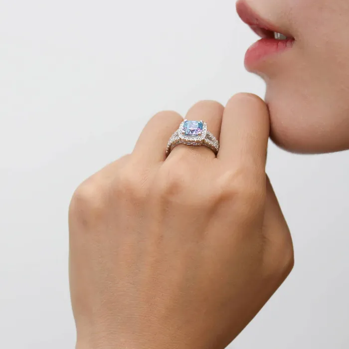 Halo Purple Aqua Cushion CZ Split Shank Ring in Sterling Silver BERRICLE Rings