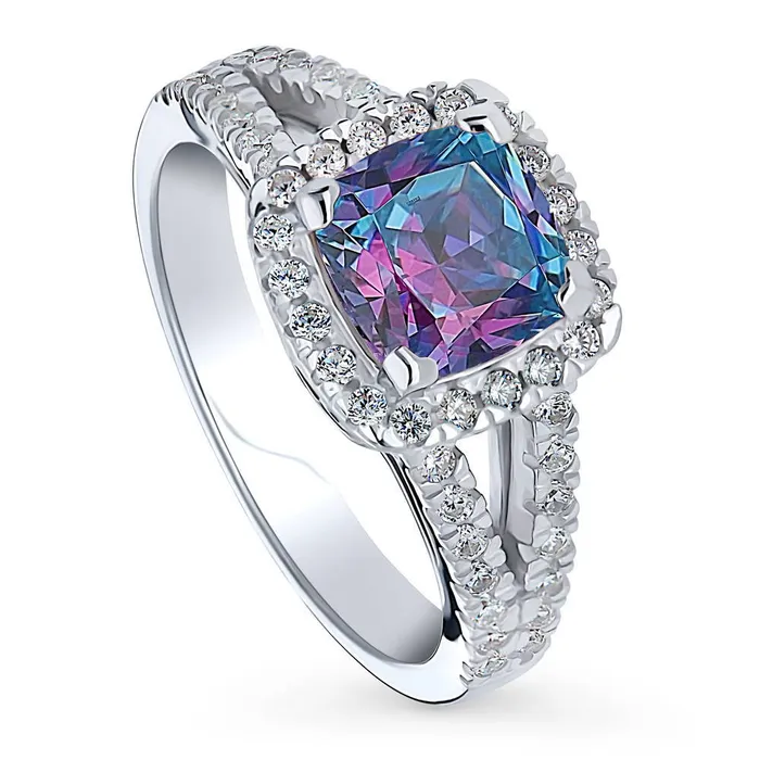 Halo Purple Aqua Cushion CZ Split Shank Ring in Sterling Silver BERRICLE Rings