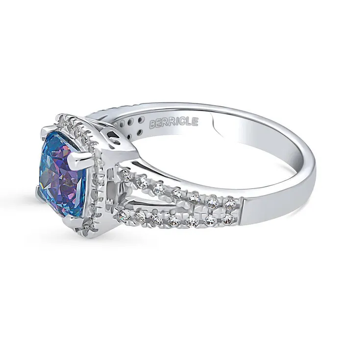 Halo Purple Aqua Cushion CZ Split Shank Ring in Sterling Silver BERRICLE Rings