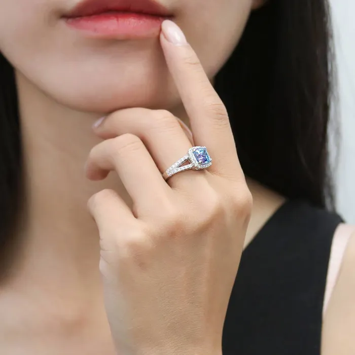 Halo Purple Aqua Cushion CZ Split Shank Ring in Sterling Silver BERRICLE Rings