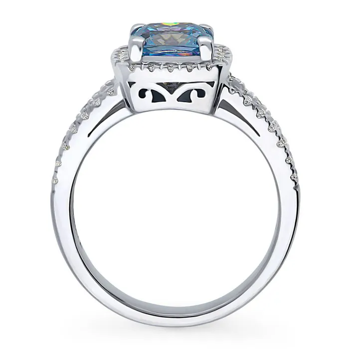Halo Purple Aqua Cushion CZ Split Shank Ring in Sterling Silver BERRICLE Rings