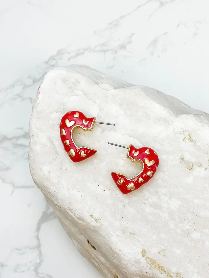 Prep Obsessed ESS Enamel Heart Gold Mini Hoop Earrings Red Earrings