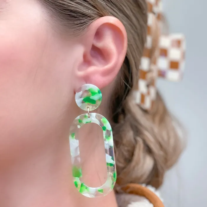 Prep Obsessed JJ Marbled Acrylic Neon Oval Dangle Earrings Green Earrings
