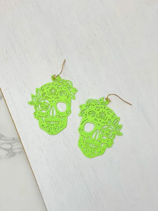 Prep Obsessed RNK Earrings Skull Statement Dangle Earrings Neon Green