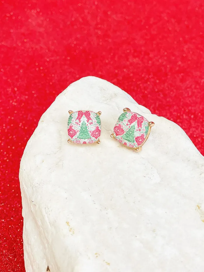 Prep Obsessed RNK Red Green Christmas Printed Stud Earrings Earrings