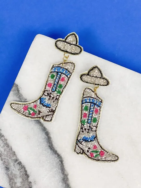 Prep Obsessed TI Floral Cowboy Boot Beaded Dangle Earrings Earrings