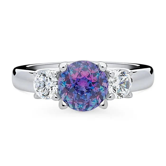 Rings 3Stone Kaleidoscope Purple Aqua CZ Ring in Sterling Silver BERRICLE