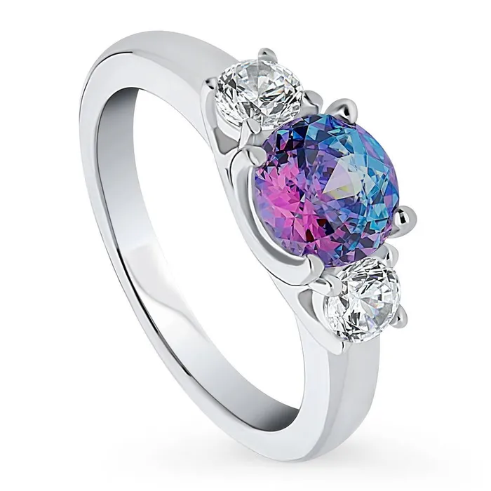 Rings 3Stone Kaleidoscope Purple Aqua CZ Ring in Sterling Silver BERRICLE