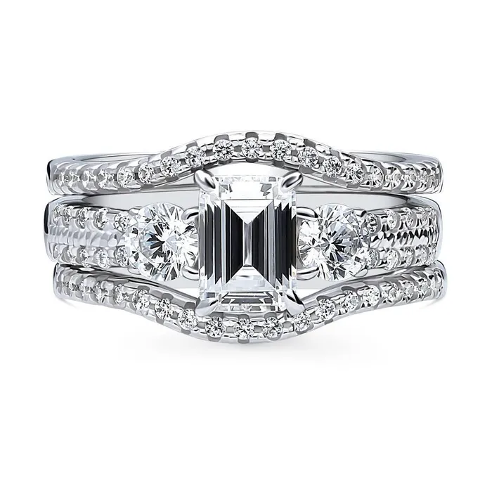 Rings BERRICLE 3Stone 1ct Emerald Cut CZ Ring Set in Sterling Silver