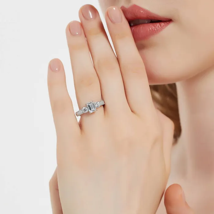 Rings BERRICLE 3Stone 1ct Emerald Cut CZ Ring Set in Sterling Silver