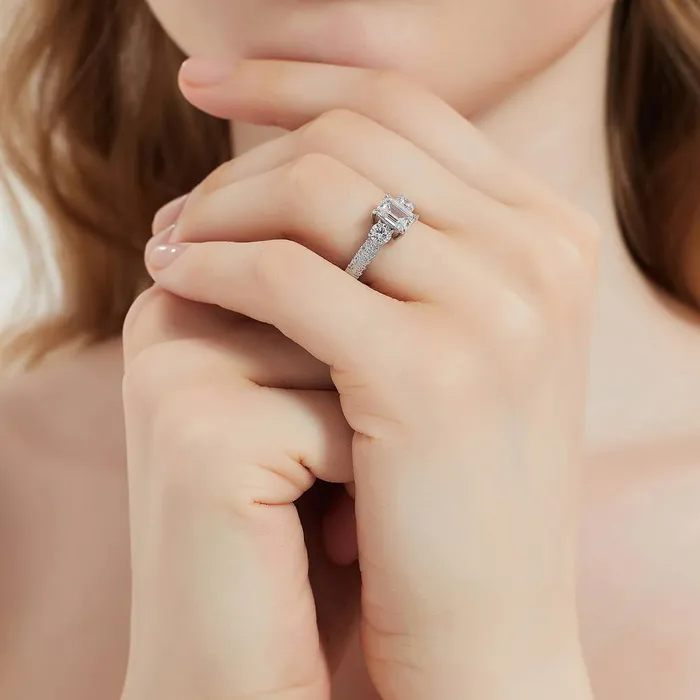 Rings BERRICLE 3Stone 1ct Emerald Cut CZ Ring Set in Sterling Silver
