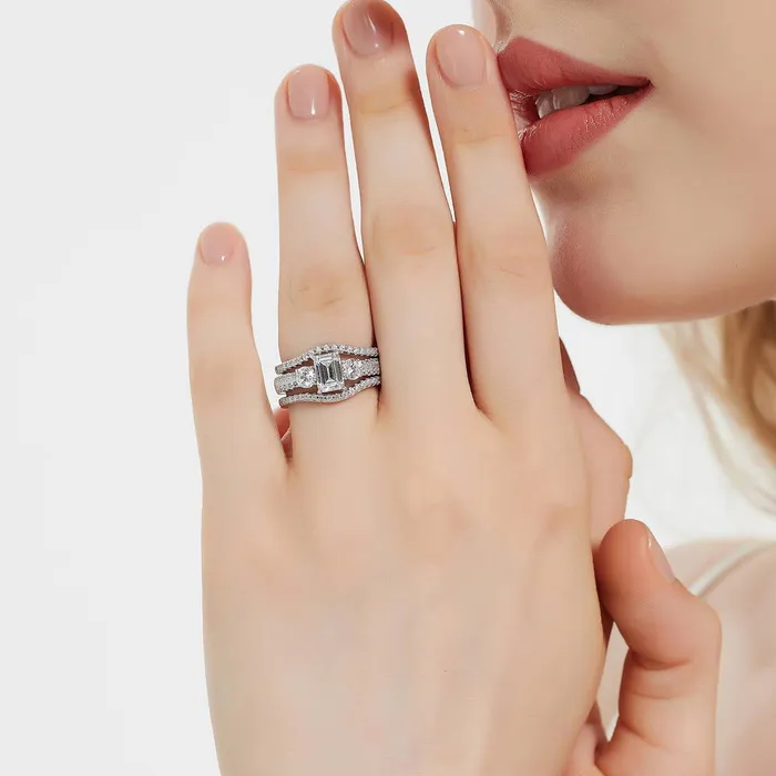 Rings BERRICLE 3Stone 1ct Emerald Cut CZ Ring Set in Sterling Silver